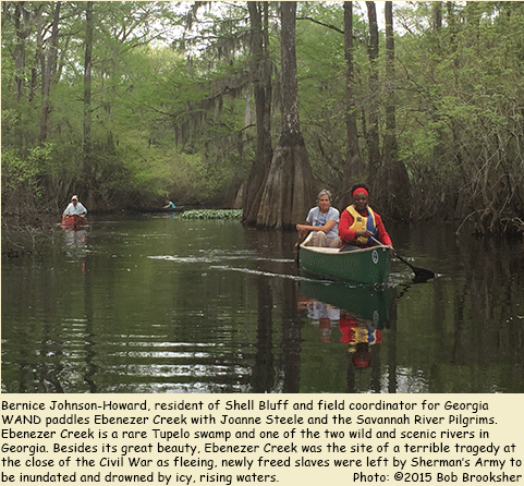 Georgia WAND's Bernice Johnson-Howard of Shell Bluff paddles Ebenezer Creek with Nuclear Watch South's Joanne Steele