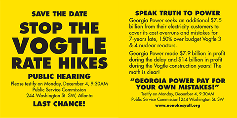 Tell Georgia Power: Pay for your own mistakes! Public hearing December 4, Georgia PSC