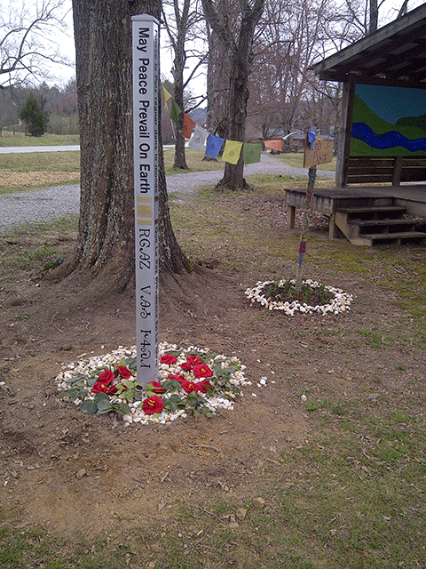 Peace pole dedicated to Joan King and the U.N Treaty on the Prohibition of Nuclear Weapons in Sautee, Georgia