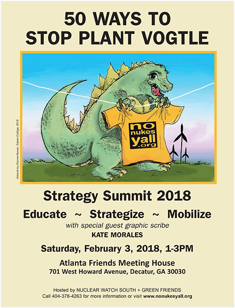 50 Ways to Stop Plant Vogtle Strategy Summit 2018 to be held on Saturday, February 3, 2018 1-3PM at Atlanta Friends Meeting House in Decatur