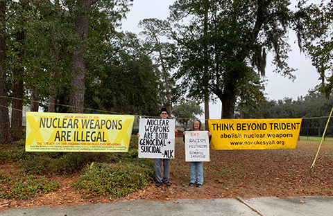 Nuclear Watch South, Beyond Trident, Coastal Black Women's Ocean Memory and Conservation Collective and Susie King Taylor Women's Institute and Ecology Center vigiled in celebration of the U.N. Treaty on the Prohibition of Nuclear Weapons at Kings Bay Trident nuclear submarine base in St. Marys, Georgia, when the treaty entered into force of international law on January 22, 2021.