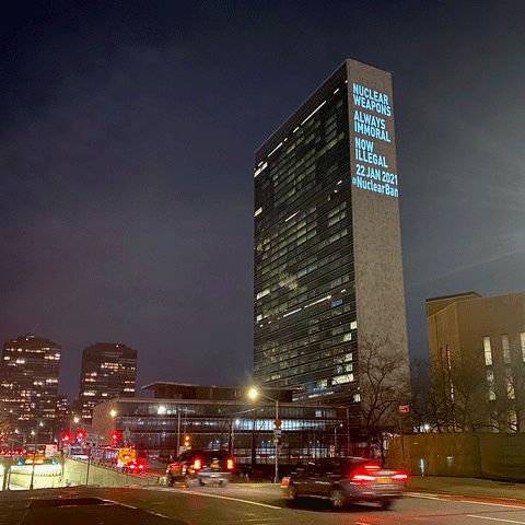 U.N. building in New York lit up in celebration of the U.N. Treaty on the Prohibition of Nuclear Weapons entry into force of international law on January 22, 2021
