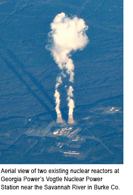 Aerial view of two existing nuclear reactors at Georgia Power's Vogtle Nuclear Power Station near the Savannah River in Burke Co.