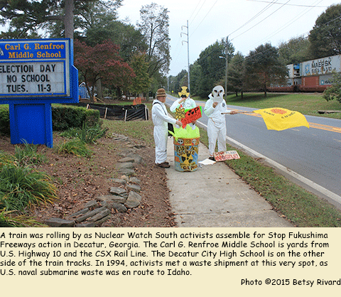 Nuclear Watch South's direct action in front of the Renfroe Middle School in Decatur had cameo appearances by both a train and the entire student body which served to reinforce the point that communities are vulnerable to radioactive waste shipments!